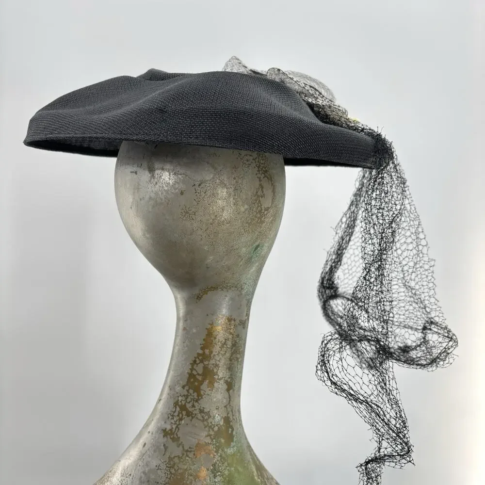 Vtg Black Tilt Fascinator Hat Birdcage Veil Cocktail Church Derby Wedding